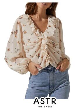 ASTR The Label | Floral Ruffle Blouse Cream Long Sleeve Romantic Top - Size S